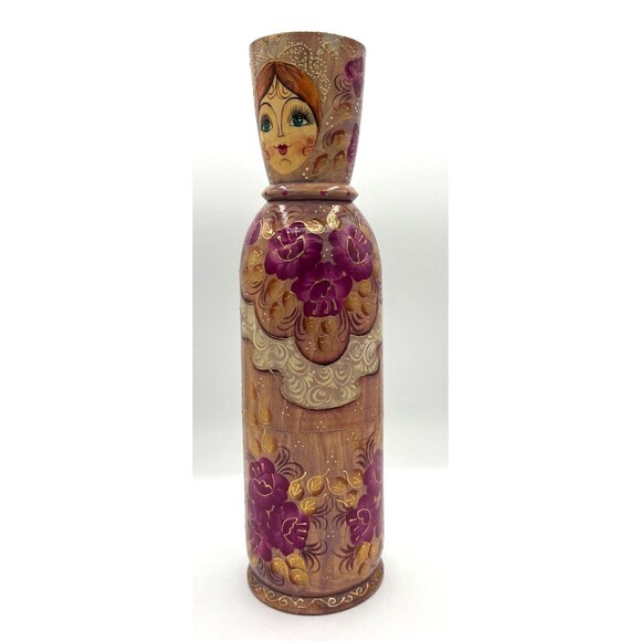 Vintage Matryoshka Russian Hand Painted Doll Vodka Wood Bottle Holder Artisan - Picture 3 of 16